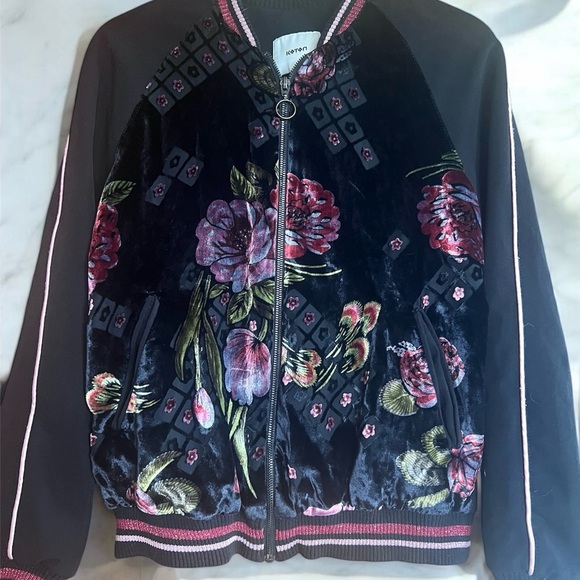 Black and Pink Floral Bomber Jacket Velvet Finish - Picture 1 of 5
